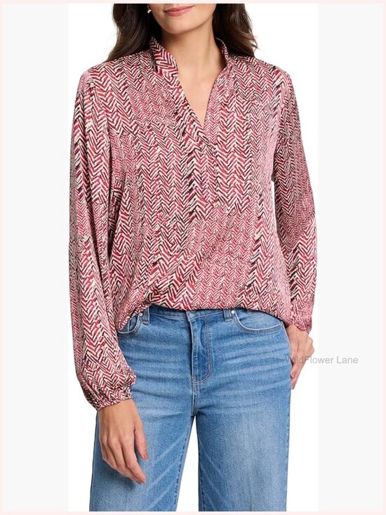Tops - Printed Woven Pullover Blouse Long Sleeve Blouse Top Herringbone